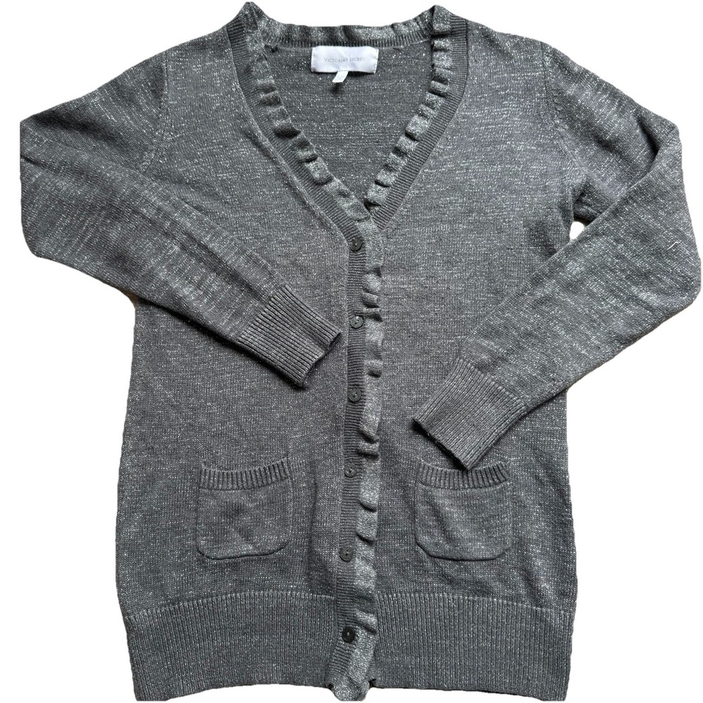 Victoria's Secret Metallic Gray Cardigan Ruffle Accents Pockets Button Up Size M